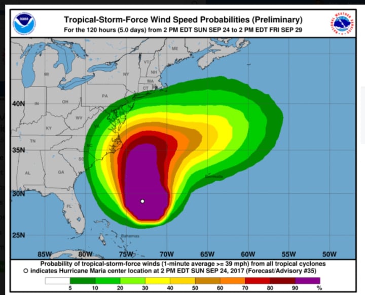 A look at tropical storm force wind speed probabilities from Hurricane Maria.