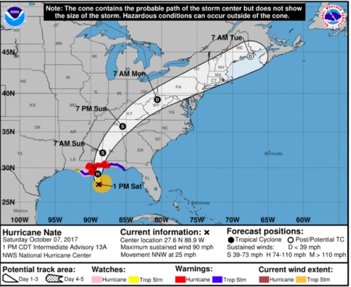 <p>The latest projected path for Hurricane Nate.</p>