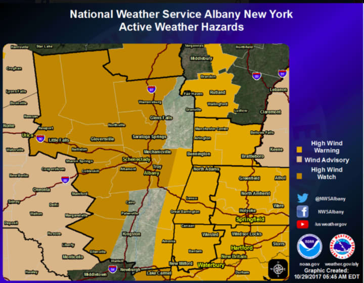 A High Wind Warning has been issued for areas east of the Taconic State Parkway in Dutchess.