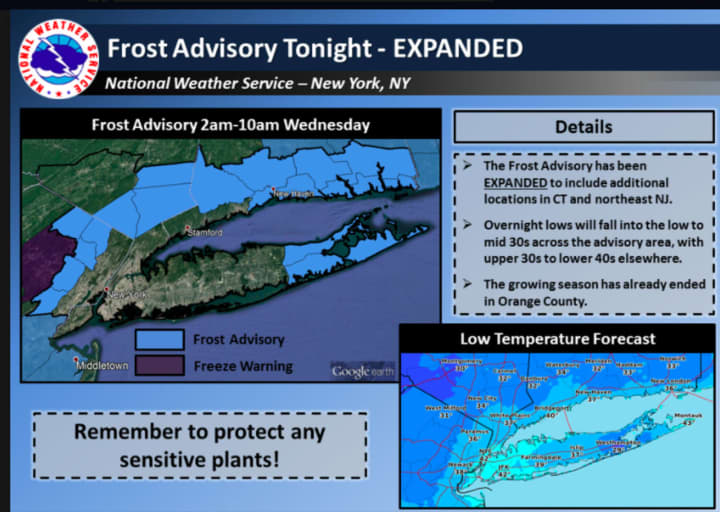 The frost advisory covers Northern Westchester, Putnam and Rockland.