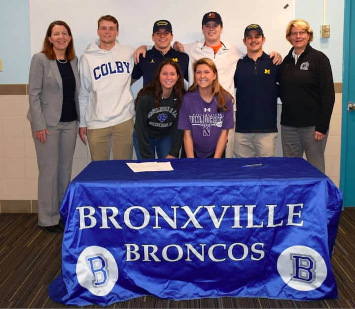 Bronxville High School Principal Ann Meyer (back row) with Dylan James, Andrew Babyak, Alston Tarry and Griffin Gelinas. Bronxville School Athletic Director Karen Peterson. (front tow) with Bronxville High
School seniors Ava Austi and Allie Berkery.