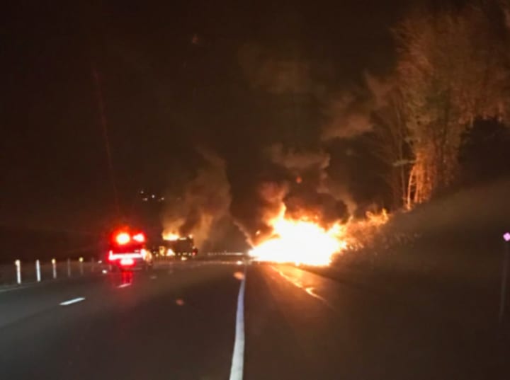 A fiery crash early Saturday involving two tractor-trailers occurred just past Exit 16 on eastbound on I-84 in Southbury.