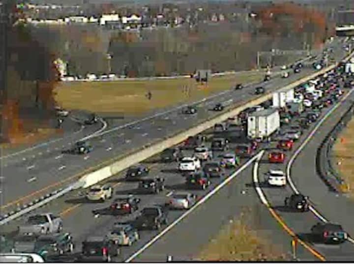 A look at delays at about 11:45 a.m. Sunday on I-87 near the Garden State Parkway connector (Exit 14A).