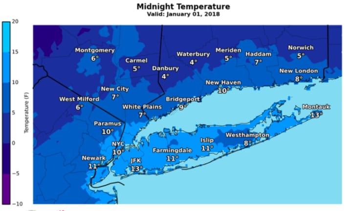 A look at projected temperatures at midnight Monday.
