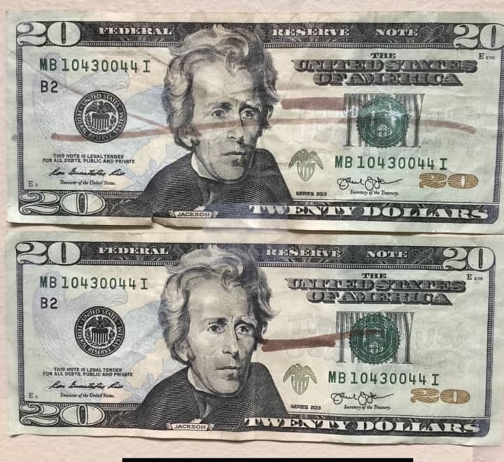 An example of the counterfeit bills that have been reported to Tuckahoe police.