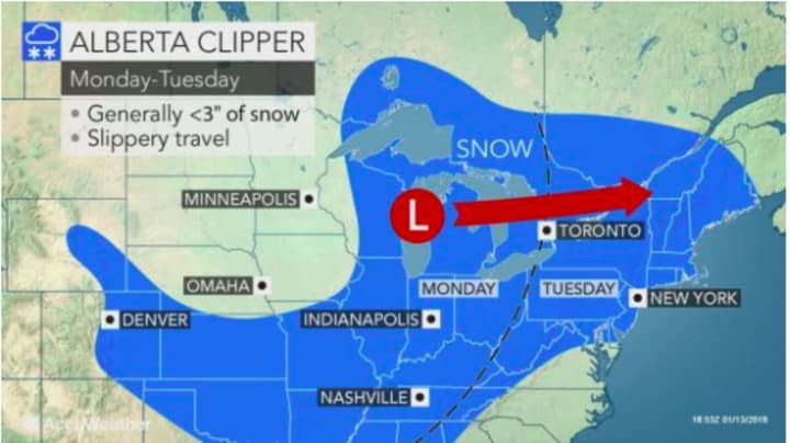 The Alberta Clipper storm system that is expected to affect the area overnight Monday into Tuesday could result in slippery travel with the potential for up to 3 inches of snow.