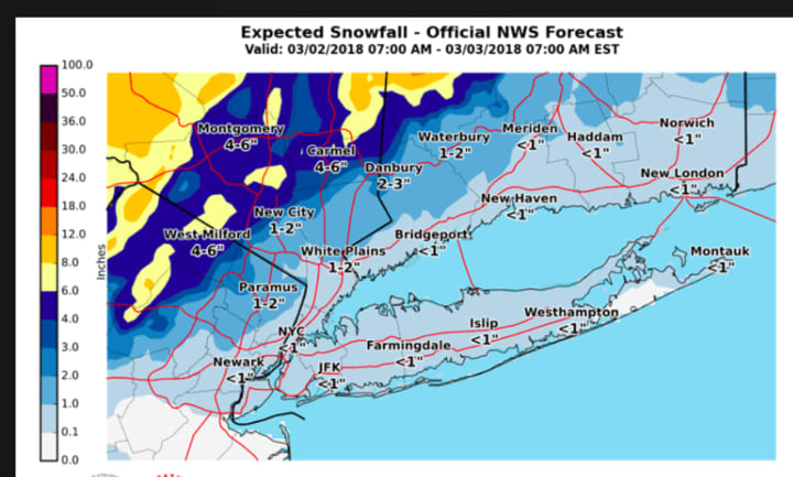 Projected snowfall totals from the Nor&#x27;easter.