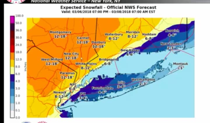 The latest snowfall projections for Wednesday, released late Tuesday evening by the National Weather Service.