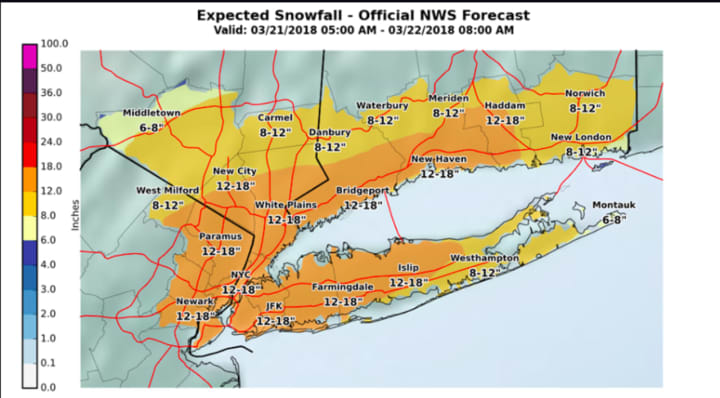 Snowfall projections for the Nor&#x27;easter, released early Wednesday morning by the National Weather Service.