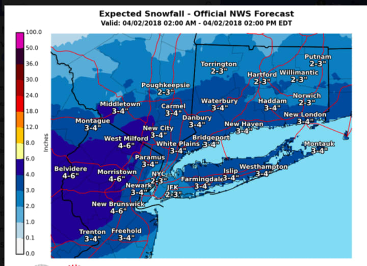 A look at projected snowfall totals for the storm, released by the National Weather Service.
