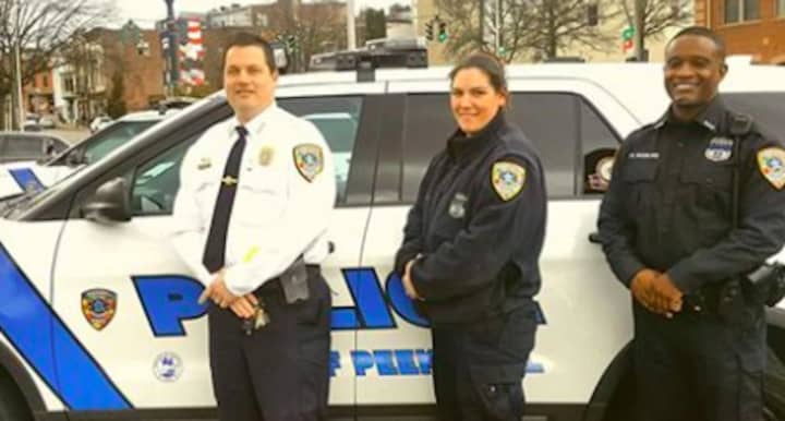 Proudly showing off their Autism Awareness Uniform Patches and Police Patrol Vehicle Decals are Peekskill Police Chief Halmy, Officer Sgroi and Officer Woodland.