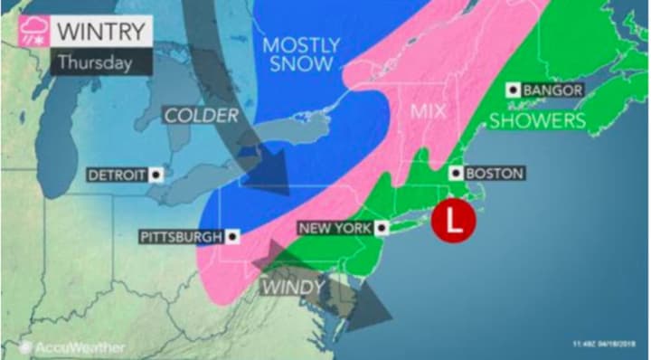 A look at the types of precipitation expected from Thursday&#x27;s storm, with blue indicating snow, pink a wintry mix and green signifying rain.