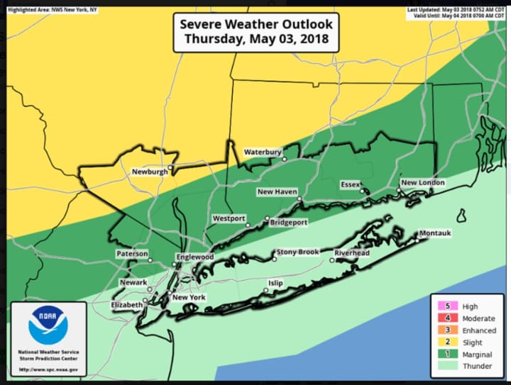 Areas in green and light green have the highest chance of seeing storms.