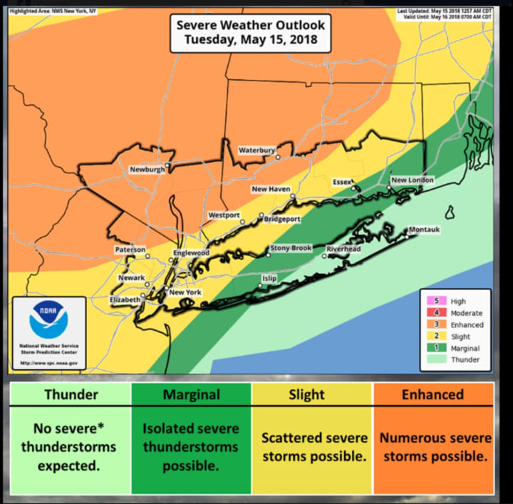 Numerous severe storms are possible in areas shown in orange. Scattered severe storms are possible in areas in yellow.