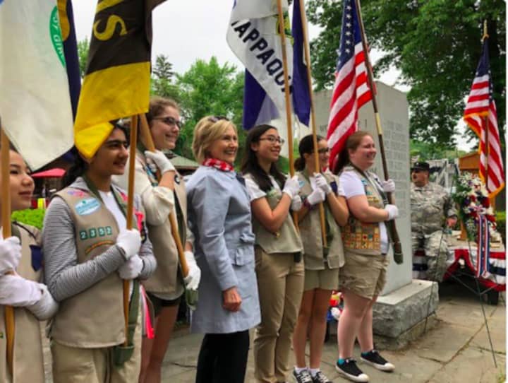 Hillary Clinton of Chappaqua with girls scouts at the New Castle Memorial Day Parade.