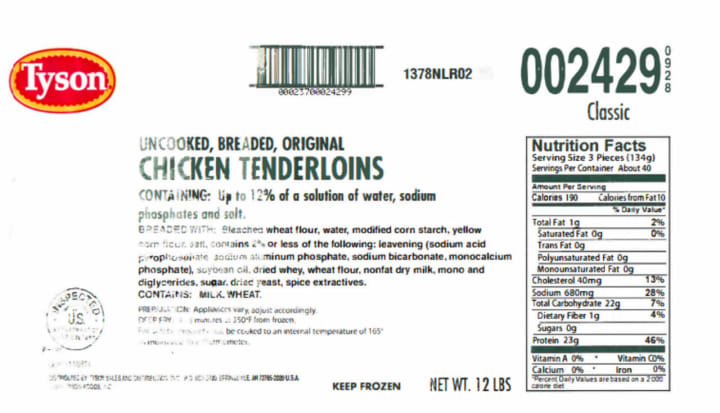 A look at the label of the recalled Tyson chicken product.