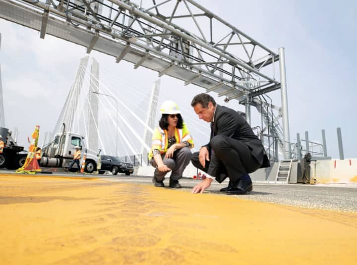 Gov. Andrew Cuomo checks out progress on the new Tappan Zee Bridge before the canceled opening.