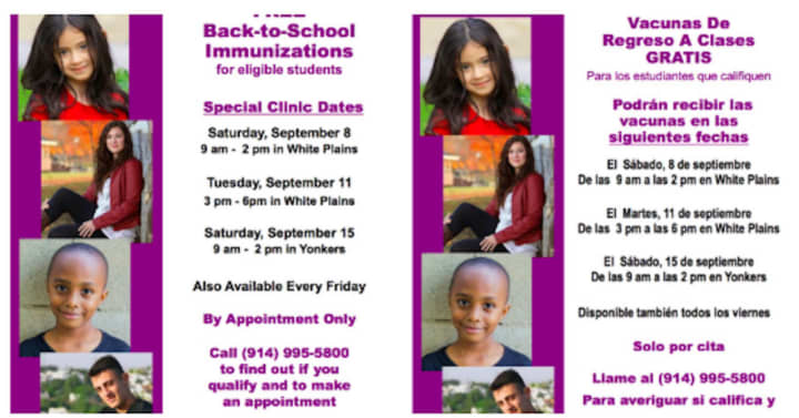 Free back-to-school vaccination clinics are being offered by Westchester County in White Plains and Yonkers. Parents or guardians must call ahead for an appointment.