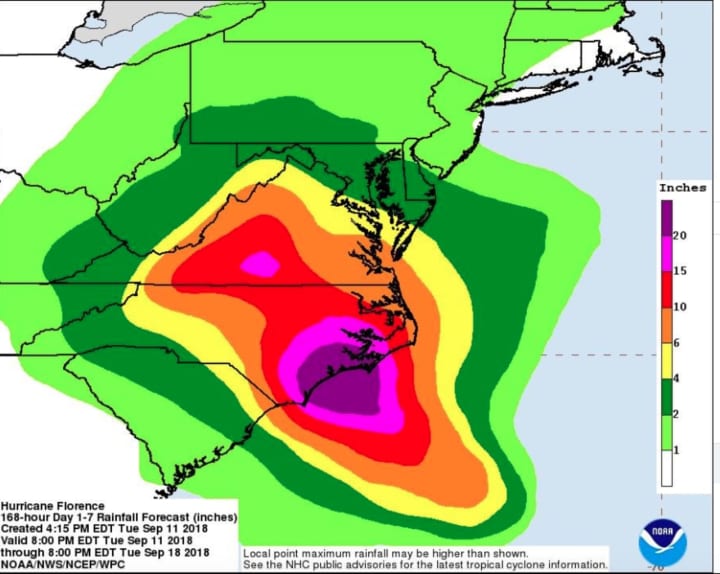 A look at projected rainfall totals for Florence from Friday, Sept. 14 through Tuesday, Sept. 18.