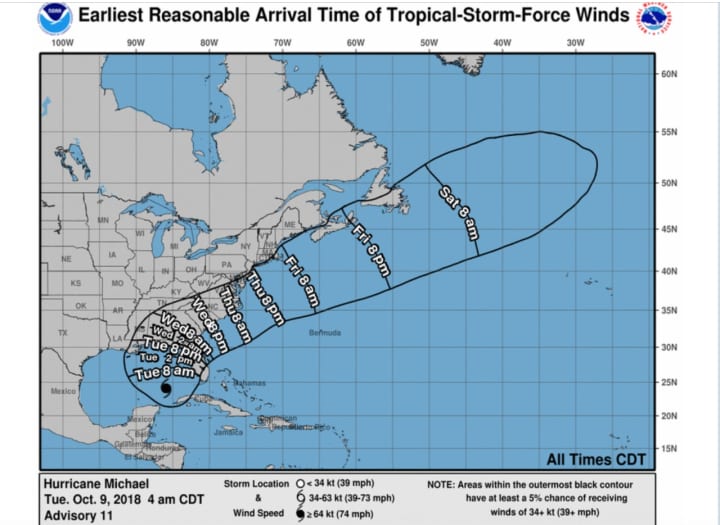 A look at projected arrival times for Tropical Storm-force winds.
