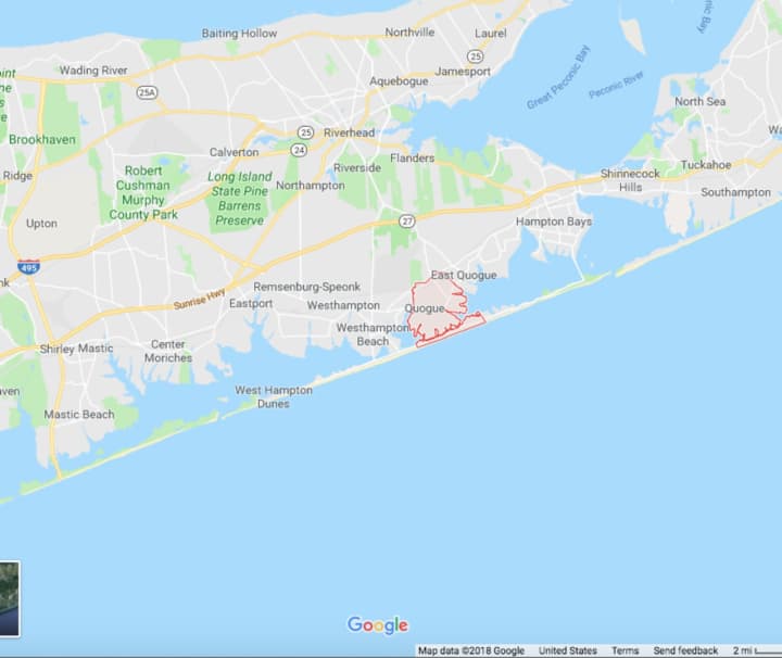 The plane crashed in the waters south of Quogue (outlined in red).
