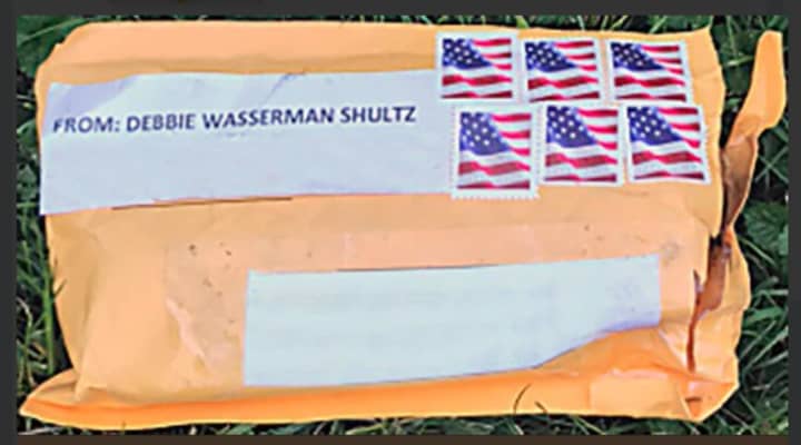 The FBI released this photo of one of the packages sent, which was similar to the others. All the packages bore the return address of former Democratic National Committee Chairperson Rep. Debbie Wasserman Schultz of Florida.