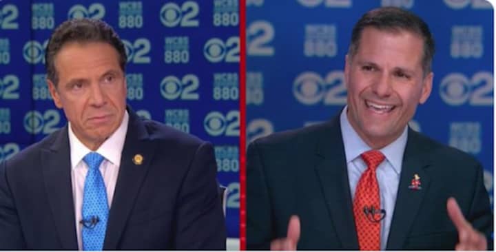 Gov. Andrew Cuomo and Dutchess County Executive Marc Molinaro during Tuesday&#x27;s debate on WCBS-TV.
