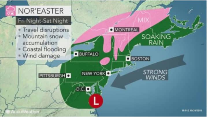 The Nor&#x27;easter will bring strong winds and soaking rains to the area on overnight Friday and throughout the day Saturday.