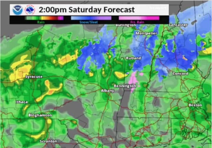 A look at the projected radar for 2 p.m. Saturday from the National Weather Service.