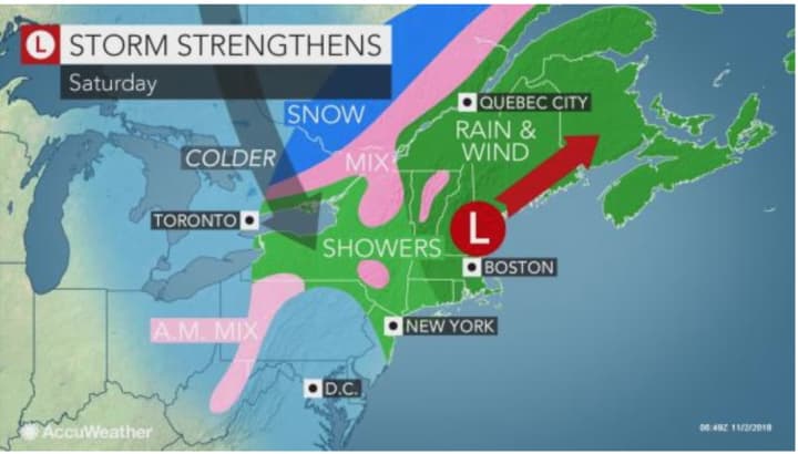 The rainy weather will move out of the area and to the Northeast during the day Saturday, but this region will see strong gusty winds that could cause power outages.