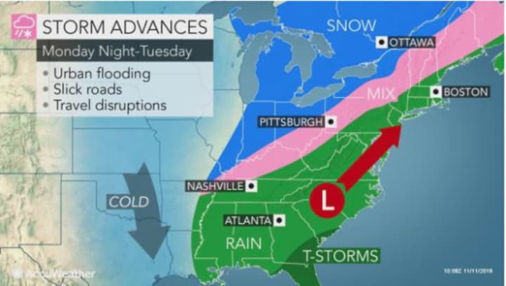 The storm will sweep through the area overnight Monday into Tuesday.