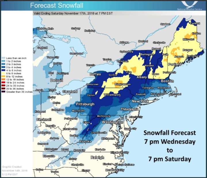 The latest projected snowfall totals for the Nor&#x27;easter, released late Wednesday afternoon by the National Weather Service.