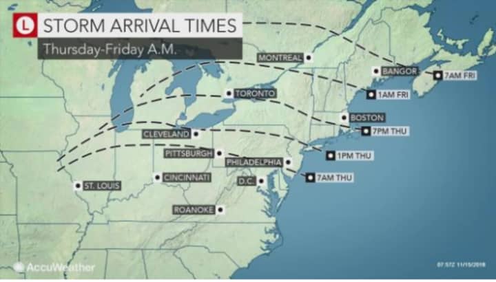 A look at arrival times for the Nor&#x27;easter throughout the Northeast.