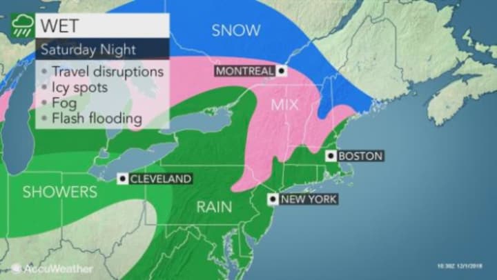 Rain will sweep through the area Saturday night into Sunday, with a wintry mix farther north and snow in northeast New England.