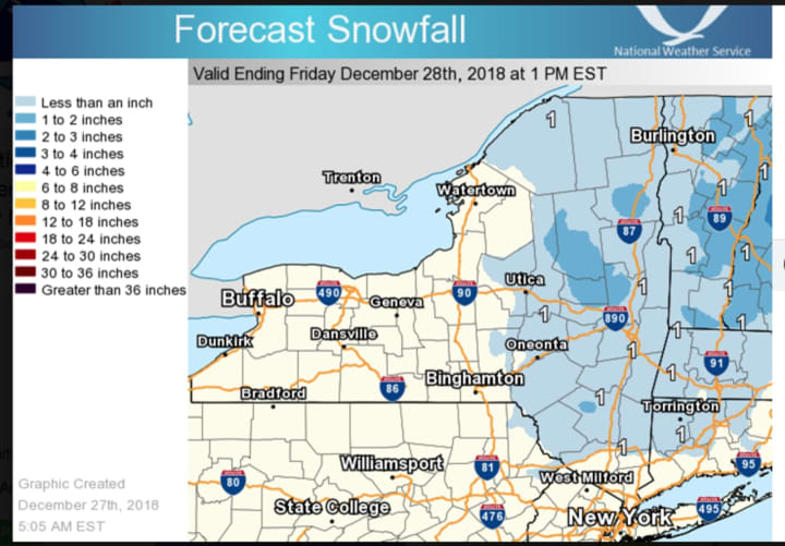 A look at projected snowfall totals through Friday morning, Dec. 28, show about 1 inch of accumulation north of I-84.