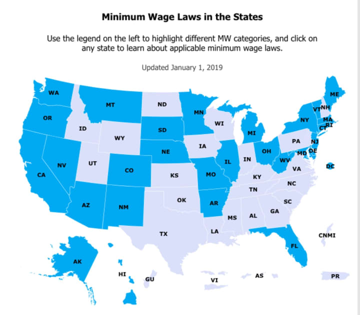 U.S. states with minimum wage higher than federal level