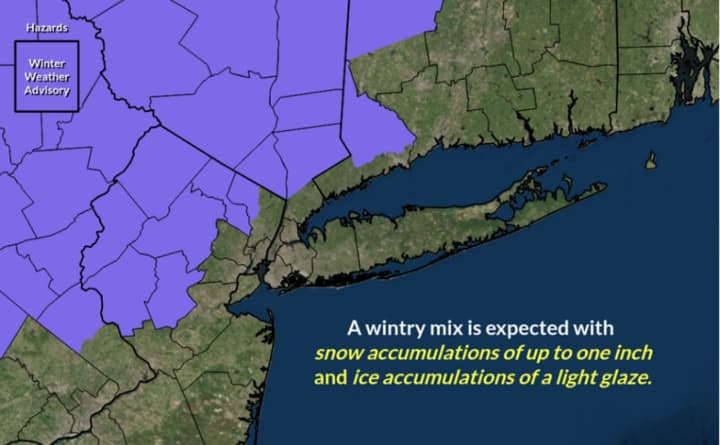 A look at the areas (in purple) where a Winter Weather  Advisory is now in effect.