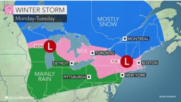 A look at the storm system that will bring a mix of snow, sleet and rain to the area on Monday night into early Tuesday morning.