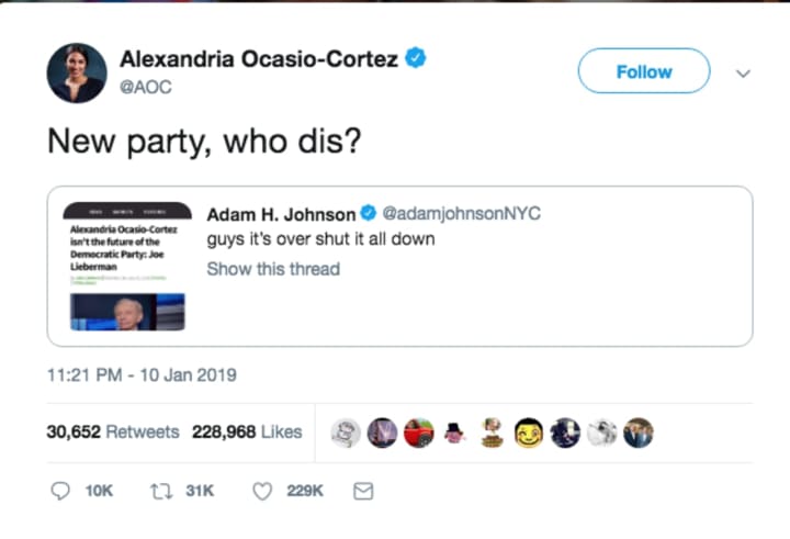 &quot;New party, who dis?&#x27; wrote Alexandria Ocasio-Cortez after retweeted Joe Lieberman&#x27;s comment about her in which he said: &quot;I certainly hope she’s not the future and I don’t believe she is,&quot;