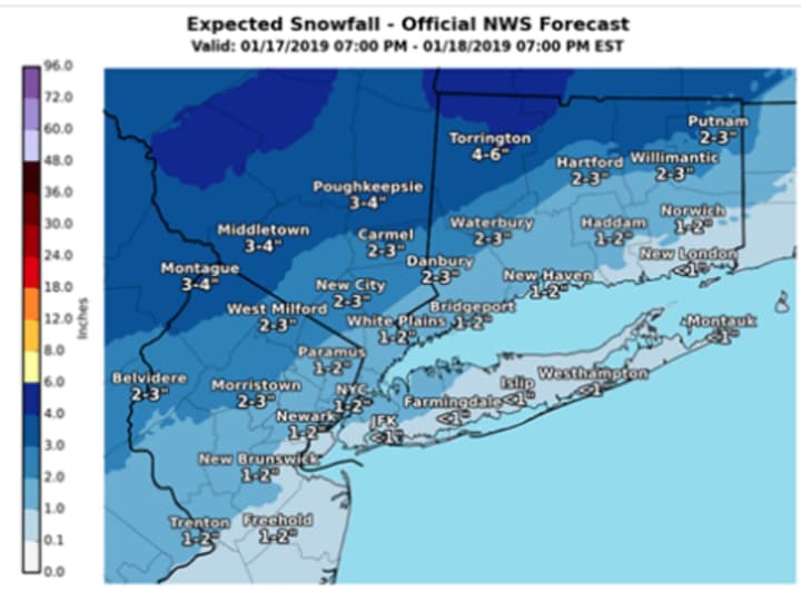 A look at current snowfall projections for a quick-moving system that will bring a light accumulating snowfall to the region Thursday night into Friday morning before changing to rain.