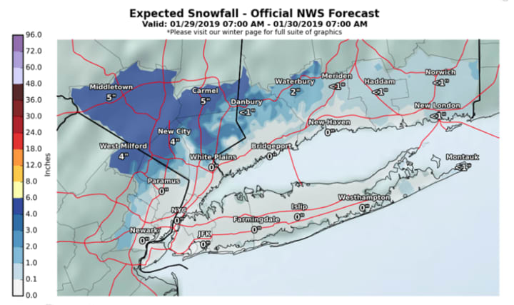 A look at projected snowfall amounts show much higher accumulations farther north and west.