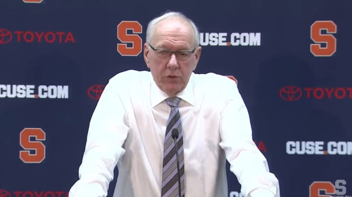 Syracuse University men&#x27;s basketball coach Jim Boeheim speaking at a post-game press conference after the Orange&#x27;s win over No. 16 Louisville on Wednesday, Feb. 20 at the Carrier Dome.