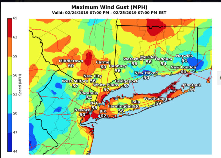 A look at maximum wind gusts on Monday, Feb. 25.