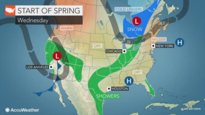 A look at the weather pattern projected for the first day of spring on Wednesday, March 20.