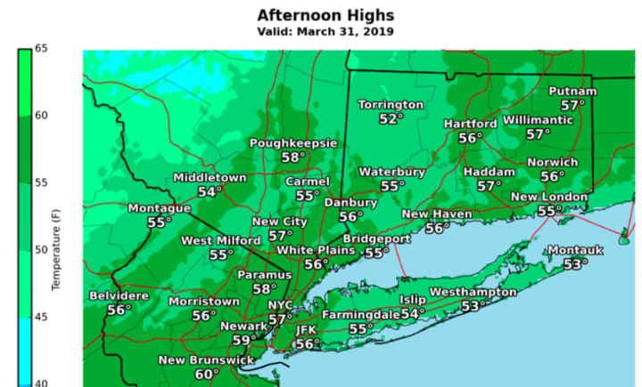 A look at expected high temperatures on Sunday, March 31.