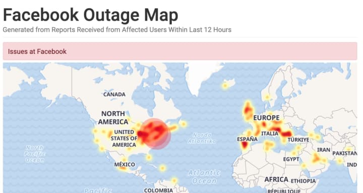 A look at the power outage map for Facebook just before 9 a.m. Sunday, April 14.