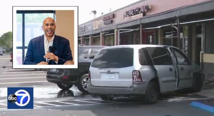 Cory Booker&#x27;s speech came to a screeching halt when a minivan plowed through the Miami cafe window where he was speaking.