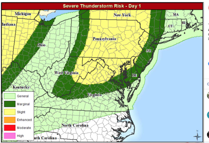 The risk for thunderstorms covers a large area over several states.