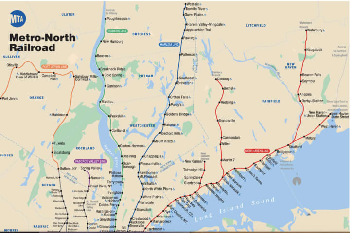 Metro-North&#x27;s New Haven Line is shown in red.