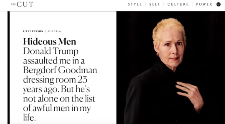 A screen shot of E. Jean Carroll&#x27;s first-person column in New York Magazine, titled &quot;Hideous Men.&quot;
